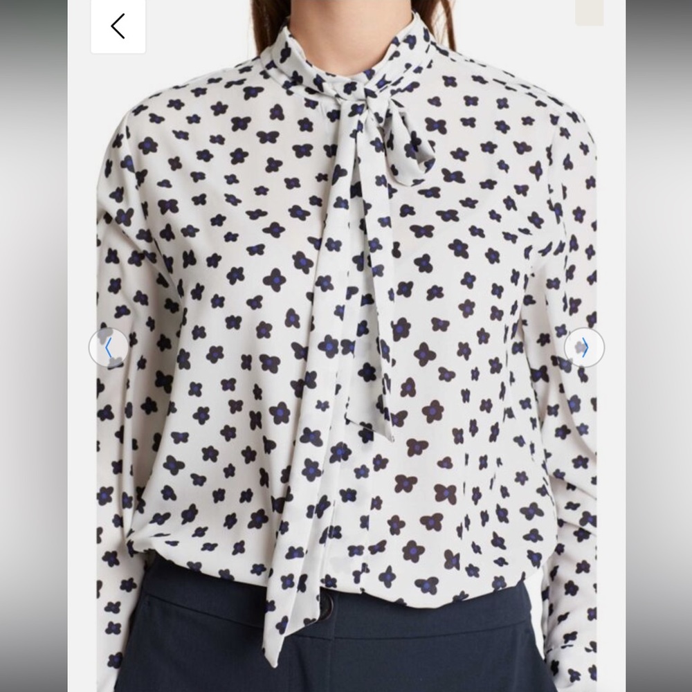 Marc Cain White Tie-Neck Blouse with Navy Floral Print